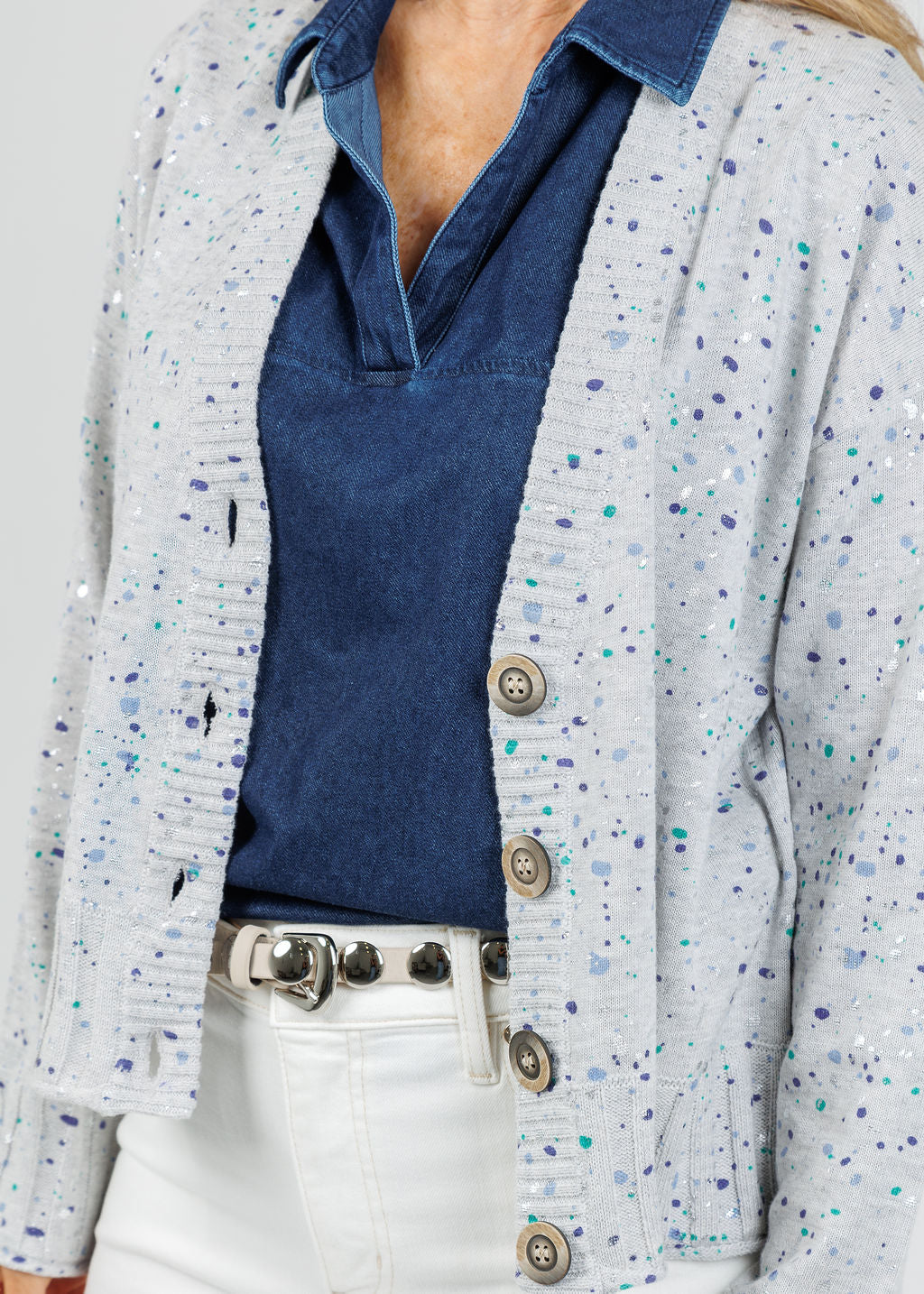 Hinson Wu Jane Sleeveless Knit Denim Foundation Layer in Dark Wash layered with Lisa Todd Snow Sprinkle Sweater in Platinum available at Barbara Katz