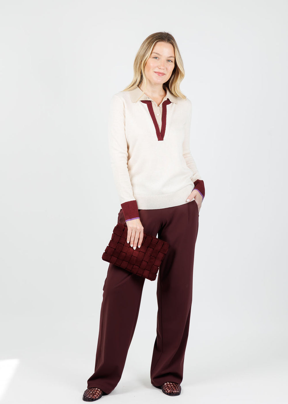 Lisa Todd Double Down Sweater in Sheepskin paired with Raffaello Rossi Candice Straight Pants in Burgundy available at Barbara Katz