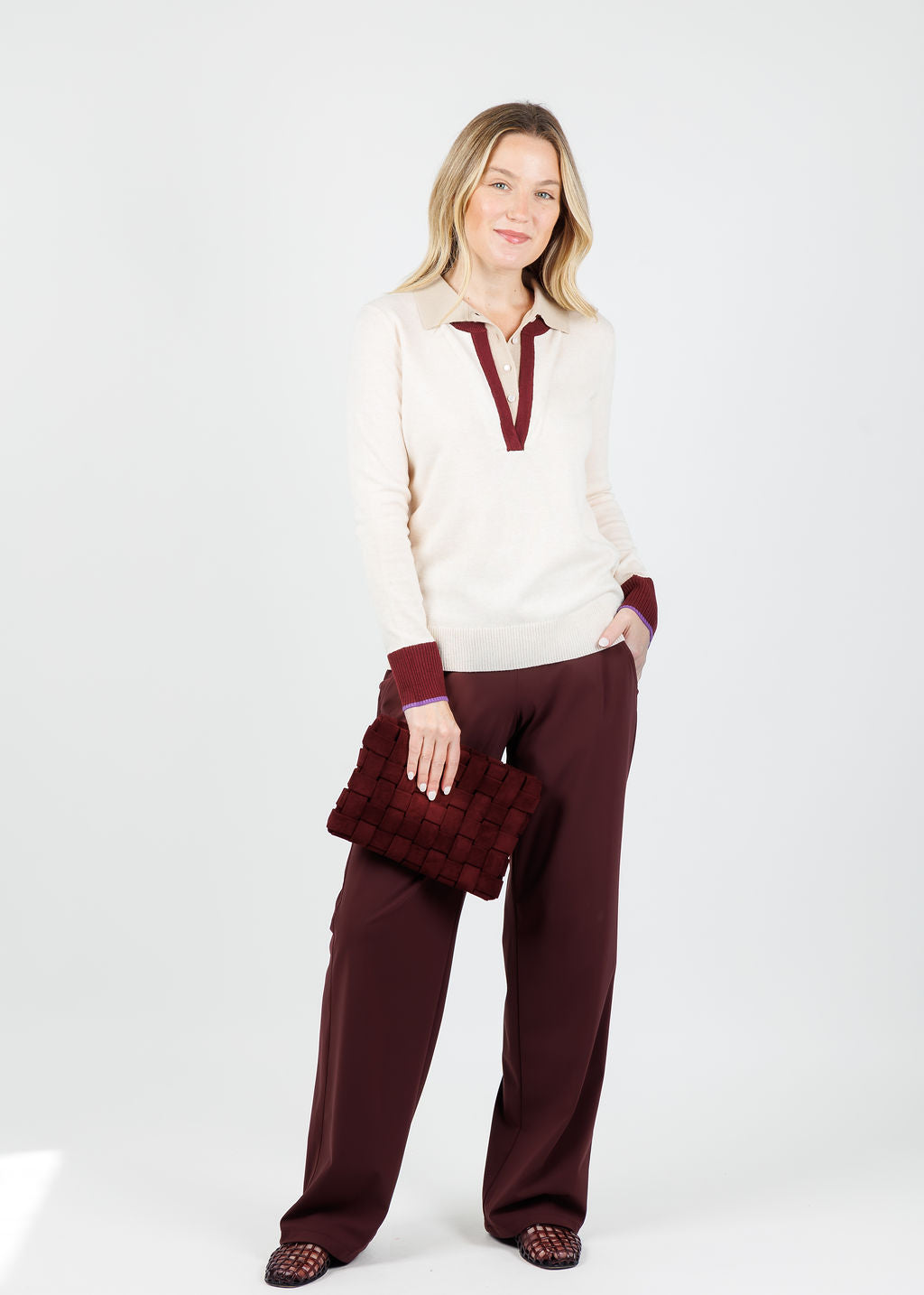 Lisa Todd Double Down Sweater in Sheepskin paired with Raffaello Rossi Candice Straight Pants in Burgundy available at Barbara Katz