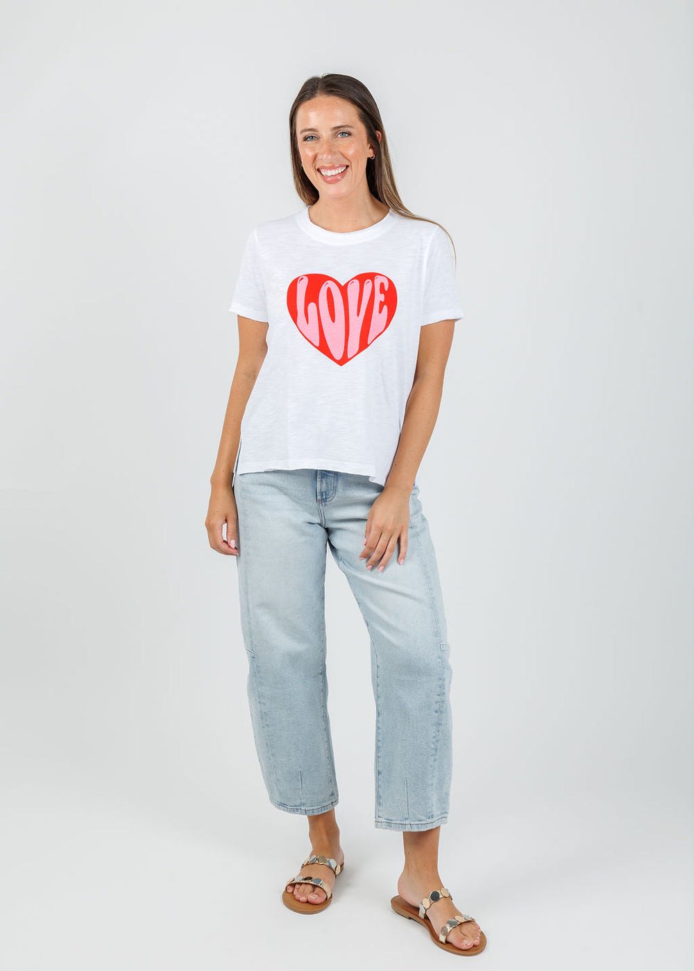 Lisa Todd Hello Love Tee in White paired with Pistola Eli Barrel Jeans in Sun-Kissed available at Barbara Katz