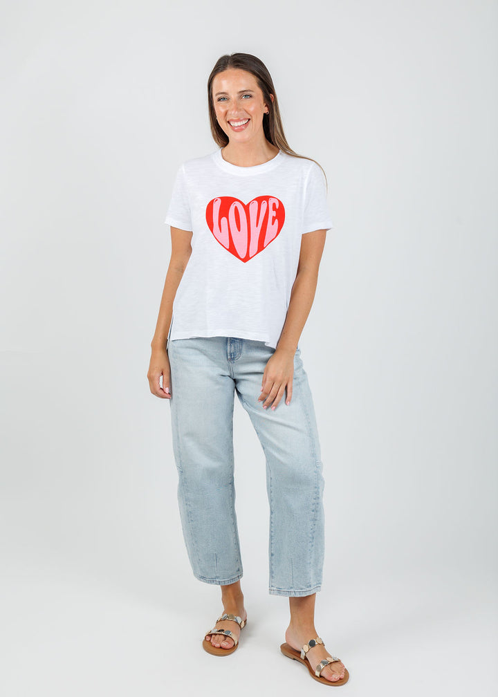 Lisa Todd Hello Love Tee in White paired with Pistola Eli Barrel Jeans in Sun-Kissed available at Barbara Katz