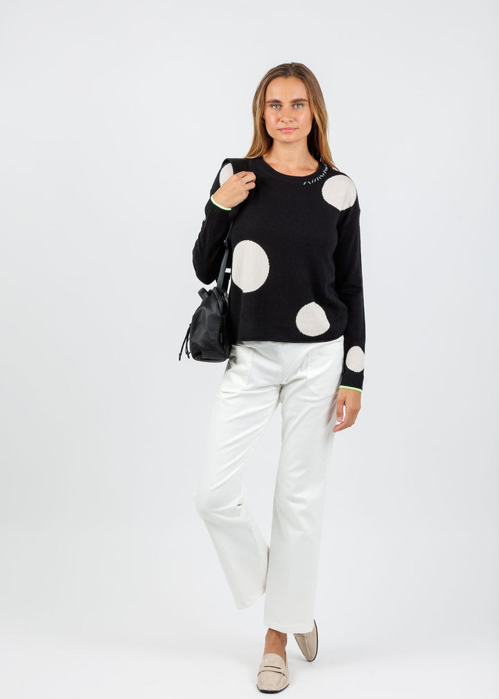 Lisa Todd Hot For Dots Sweater in Black paired with Elliott Lauren Twill Patch Pocket Jean in Cream available at Barbara Katz