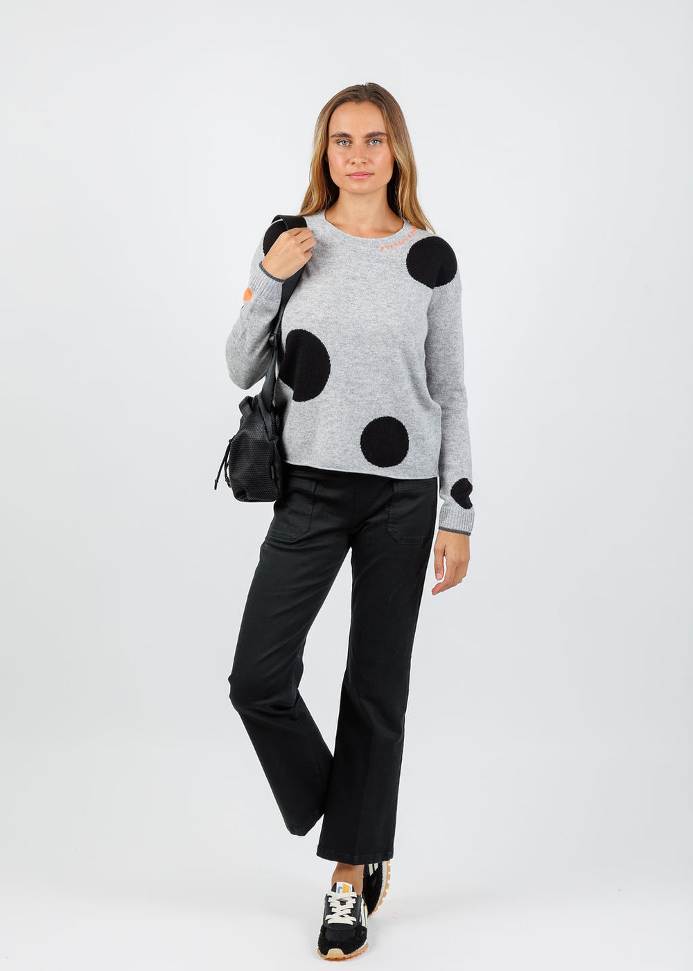 Lisa Todd Hot For Dots Sweater in Stone paired with Elliott Lauren Twill Patch Pocket Jean in Tar available at Barbara Katz
