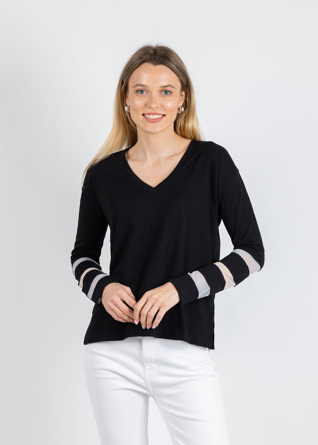 Lisa Todd Mesh Fest V-Neck Sweater in Black available at Barbara Katz