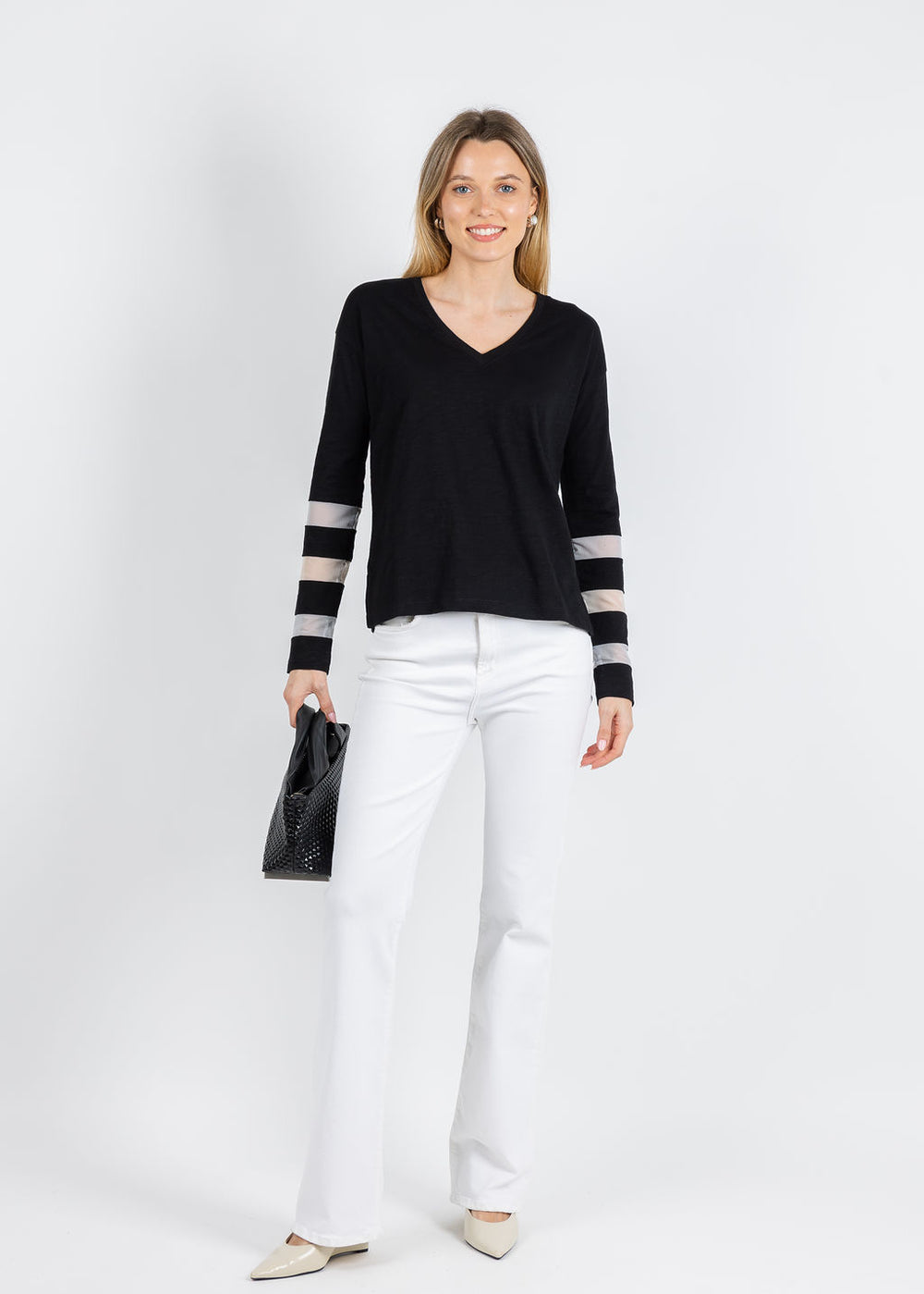 Lisa Todd Mesh Fest V-Neck Sweater in Black available at Barbara Katz