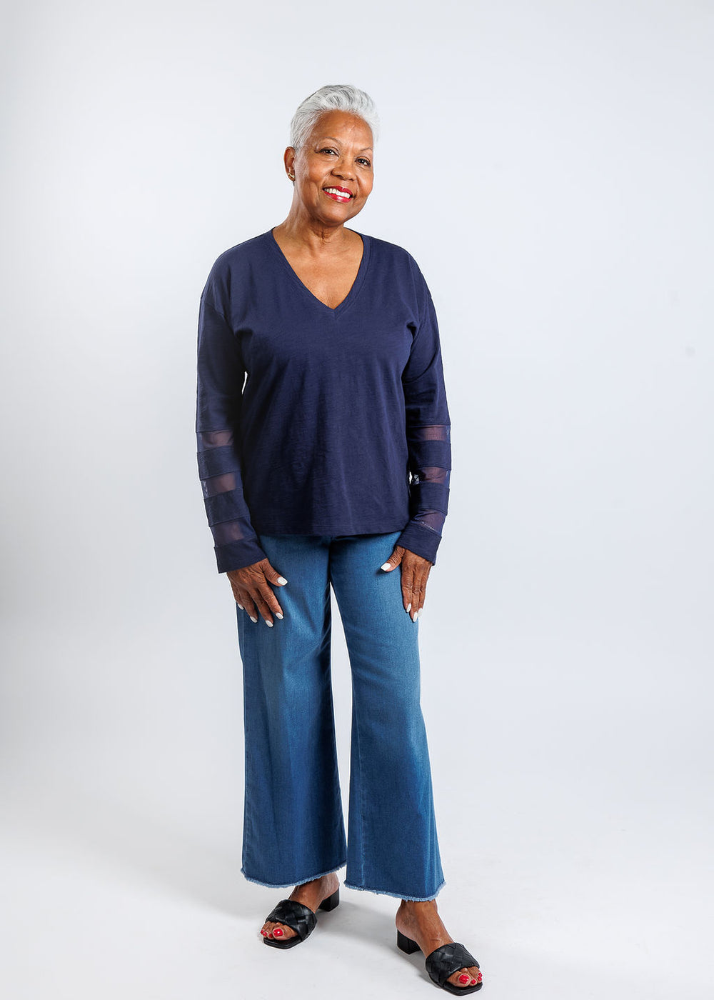 Lisa Todd Mesh Fest V Top in Navy paired with MAC Denim Dream Wide Crop Jeans available at Barbara Katz