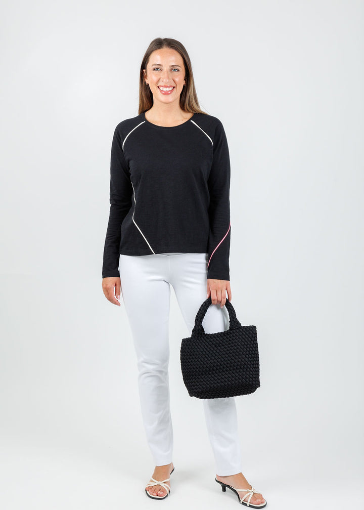 Lisa Todd Piping Hot Tee in Black paired with Spencer Straight Leg Denim in White available at Barbara Katz