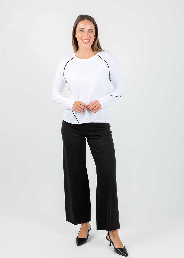 Lisa Todd Piping Hot Tee in White paired with  Erin High Waist Wide Leg Denim Pants in Black available at Barbara Katz