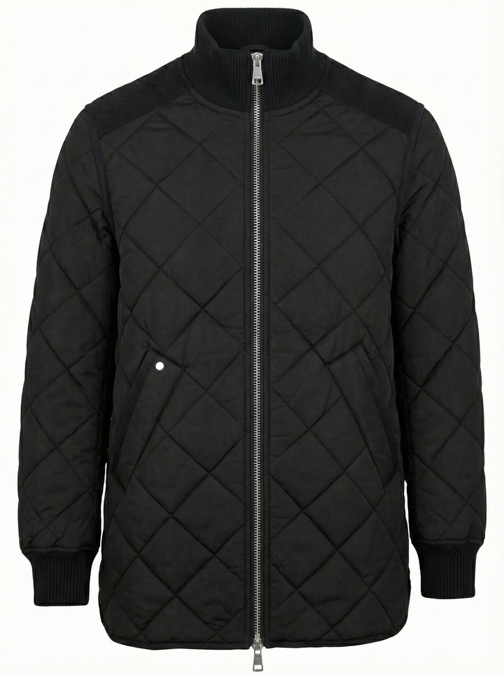 Adroit Atelier Livia High-Rib Funnel-Neck Collar Quilted Jacket in Black available at Barbara Katz
