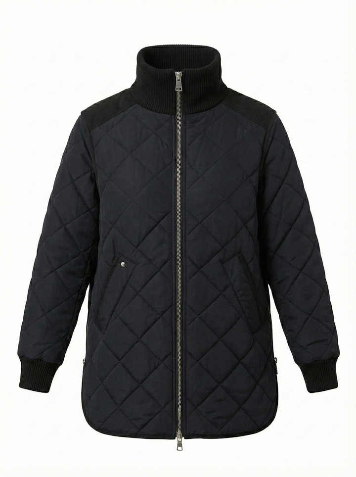 Adroit Atelier Livia High-Rib Funnel-Neck Collar Quilted Jacket in Navy available at Barbara Katz