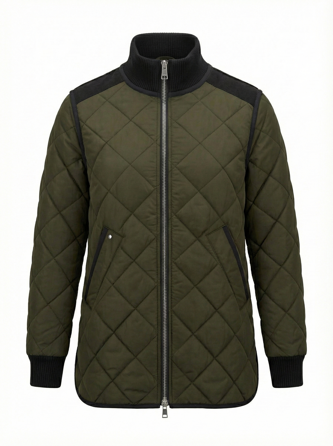 Adroit Atelier Livia High-Rib Funnel-Neck Collar Quilted Jacket in Forest Green available at Barbara Katz