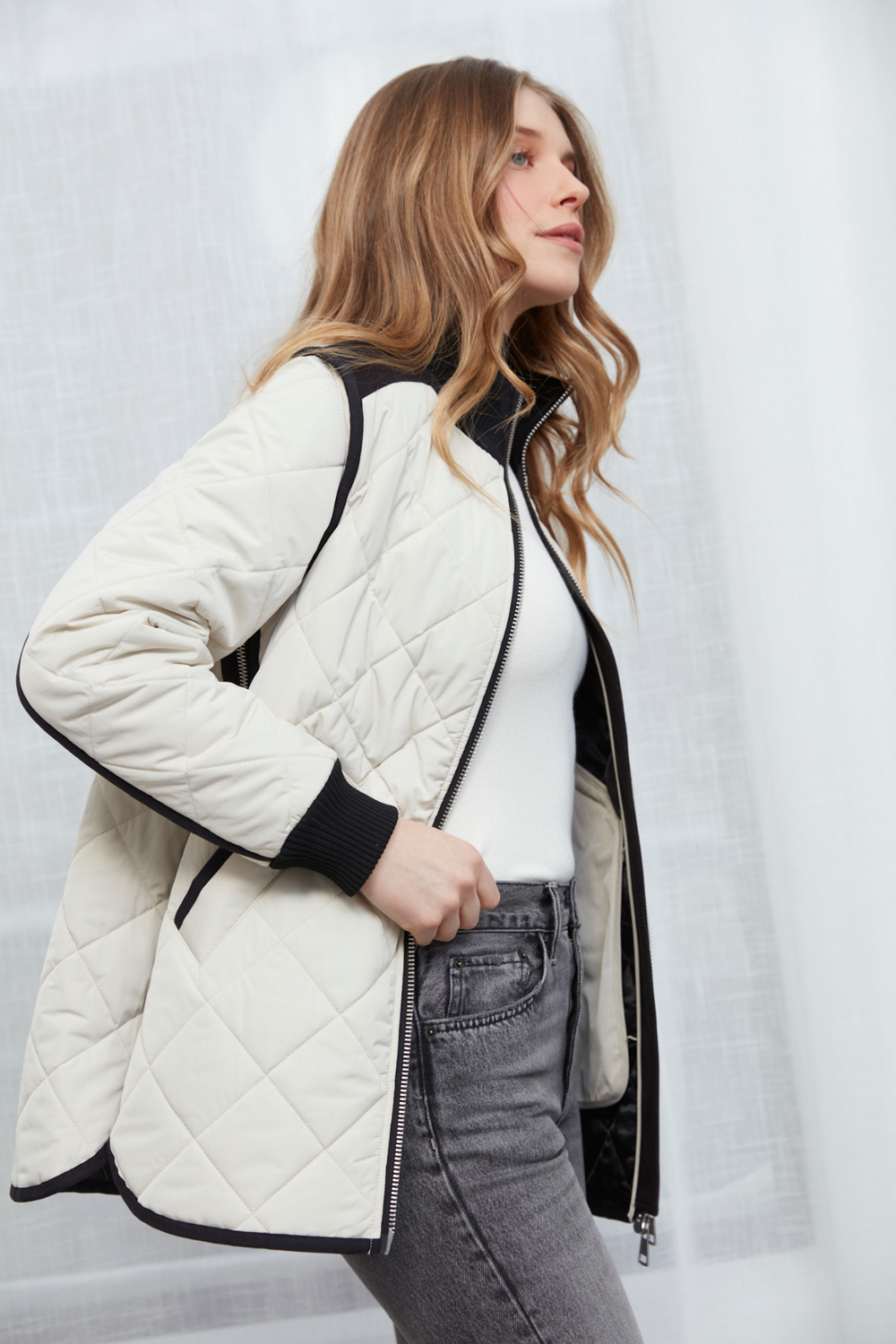 Adroit Atelier Livia High-Rib Funnel-Neck Collar Quilted Jacket in Birch available at Barbara Katz