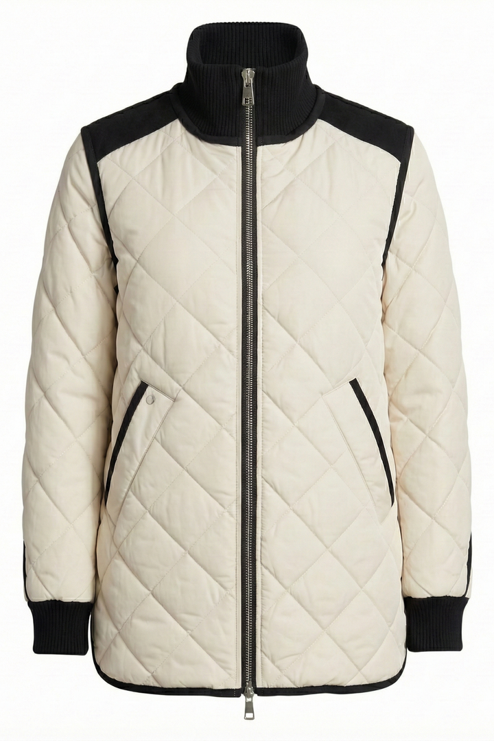 Adroit Atelier Livia High-Rib Funnel-Neck Collar Quilted Jacket in Birch available at Barbara Katz