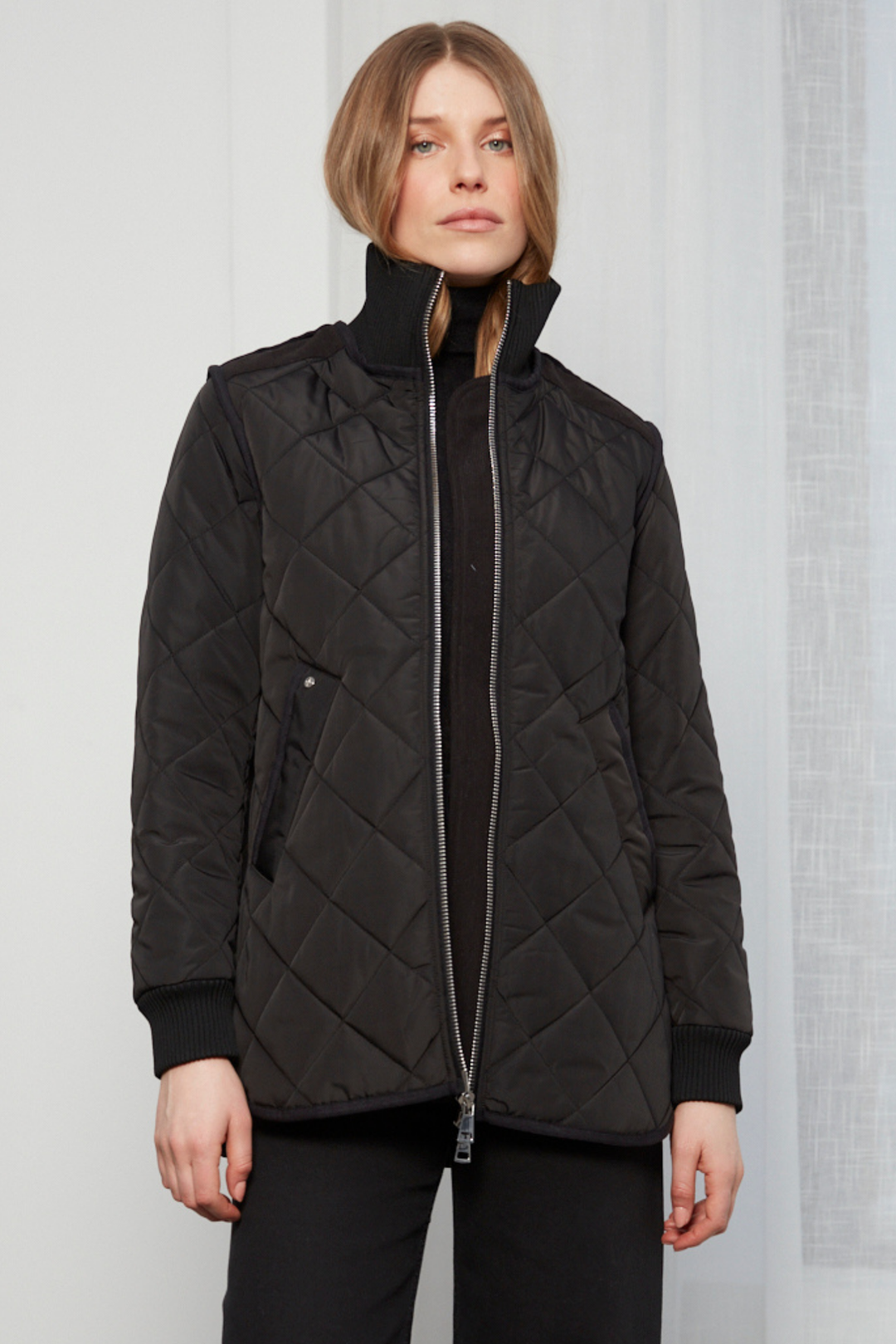 Adroit Atelier Livia High-Rib Funnel-Neck Collar Quilted Jacket in Black available at Barbara Katz