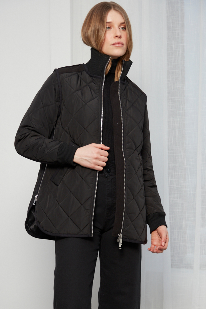 Adroit Atelier Livia High-Rib Funnel-Neck Collar Quilted Jacket in Black available at Barbara Katz