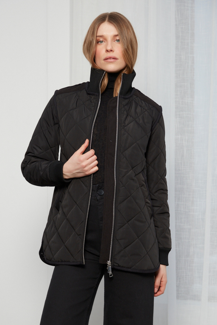 Adroit Atelier Livia High-Rib Funnel-Neck Collar Quilted Jacket in Black available at Barbara Katz
