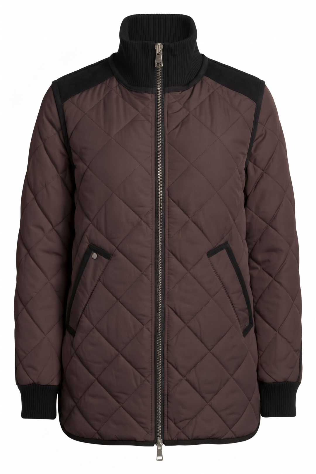 Adroit Atelier Livia High-Rib Funnel-Neck Collar Quilted Jacket in Chocolate Torte available at Barbara Katz