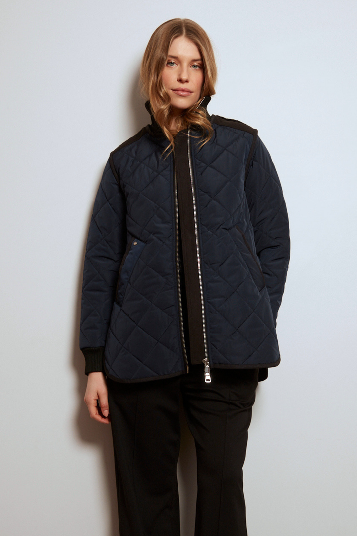 Adroit Atelier Livia High-Rib Funnel-Neck Collar Quilted Jacket in Navy available at Barbara Katz