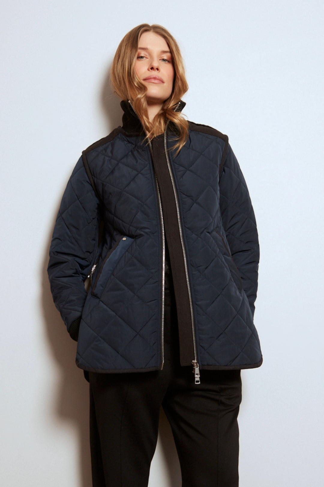 Adroit Atelier Livia High-Rib Funnel-Neck Collar Quilted Jacket in Navy available at Barbara Katz