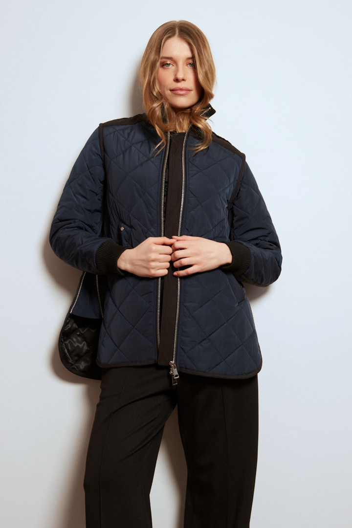 Adroit Atelier Livia High-Rib Funnel-Neck Collar Quilted Jacket in Navy available at Barbara Katz