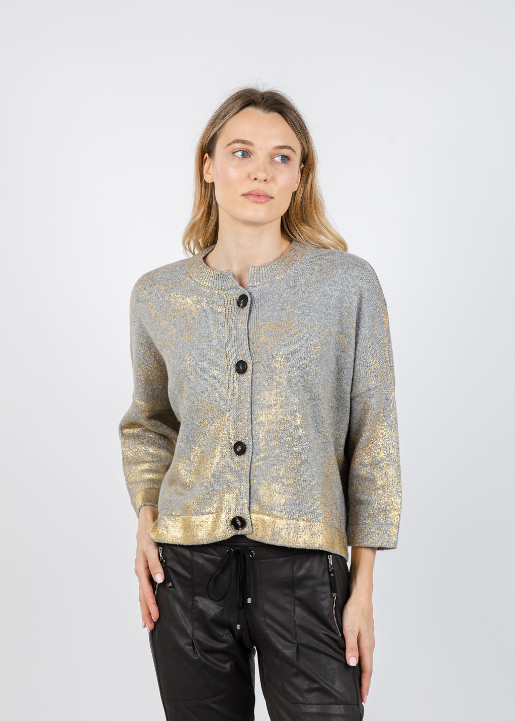 Liviana Conti Niles Gold Metallic Cardigan in Oro available at Barbara Katz