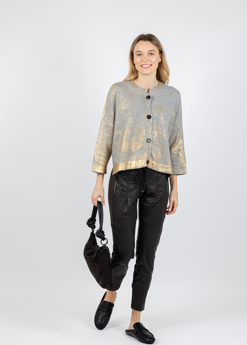Liviana Conti Niles Gold Metallic Cardigan in Oro available at Barbara Katz