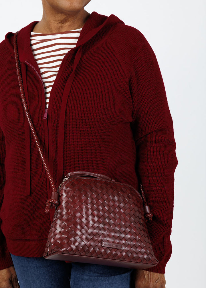 Loeffler Randall Mallory Woven Crossbody in Maroon Square Weave Leather available at Barbara Katz