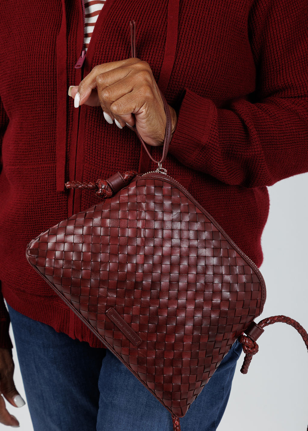Loeffler Randall Mallory Woven Crossbody in Maroon Square Weave Leather available at Barbara Katz