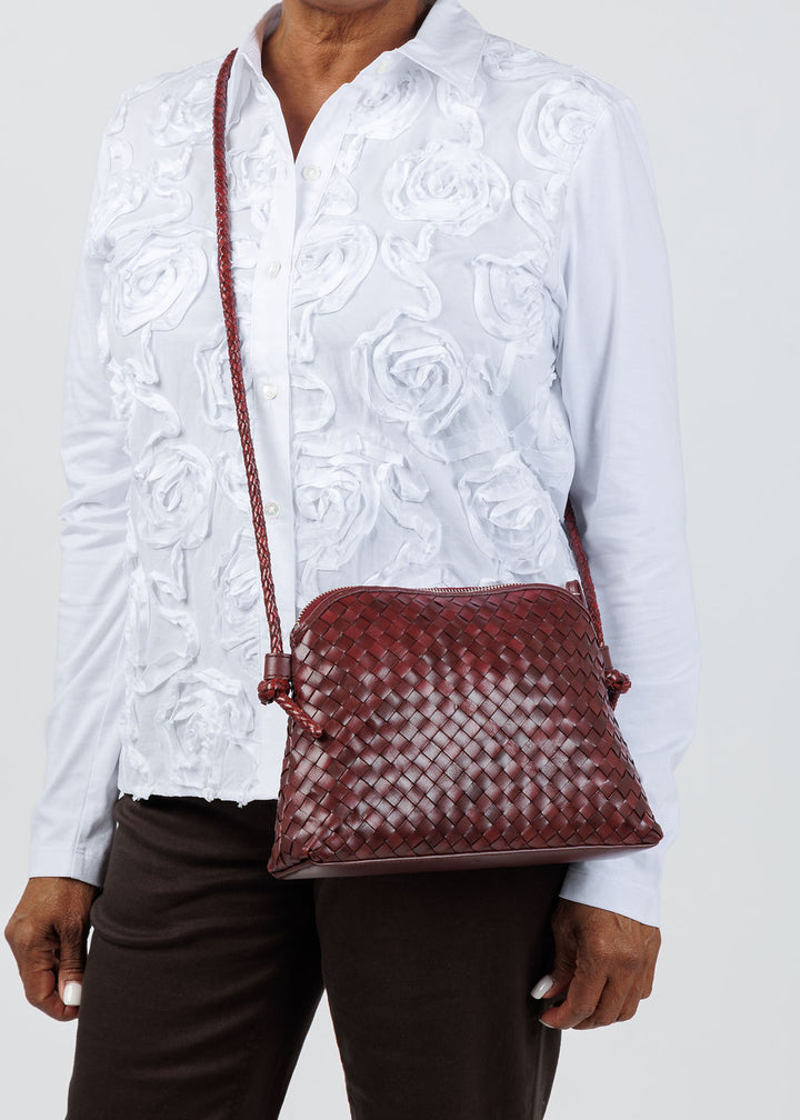 Loeffler Randall Mallory Woven Crossbody in Maroon Square Weave Leather available at Barbara Katz