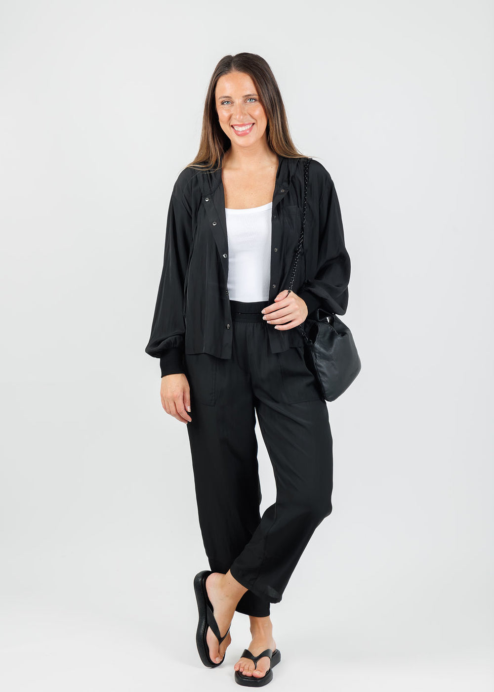 Lola & Sophie Astrid Hoodie Jacket With Pocket in Black paired with matching Lola & Sophie D-Satin Cropped Jogger available at Barbara Katz