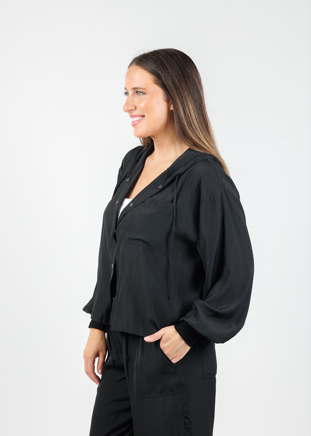 Lola & Sophie Astrid Hoodie Jacket With Pocket in Black available at Barbara Katz