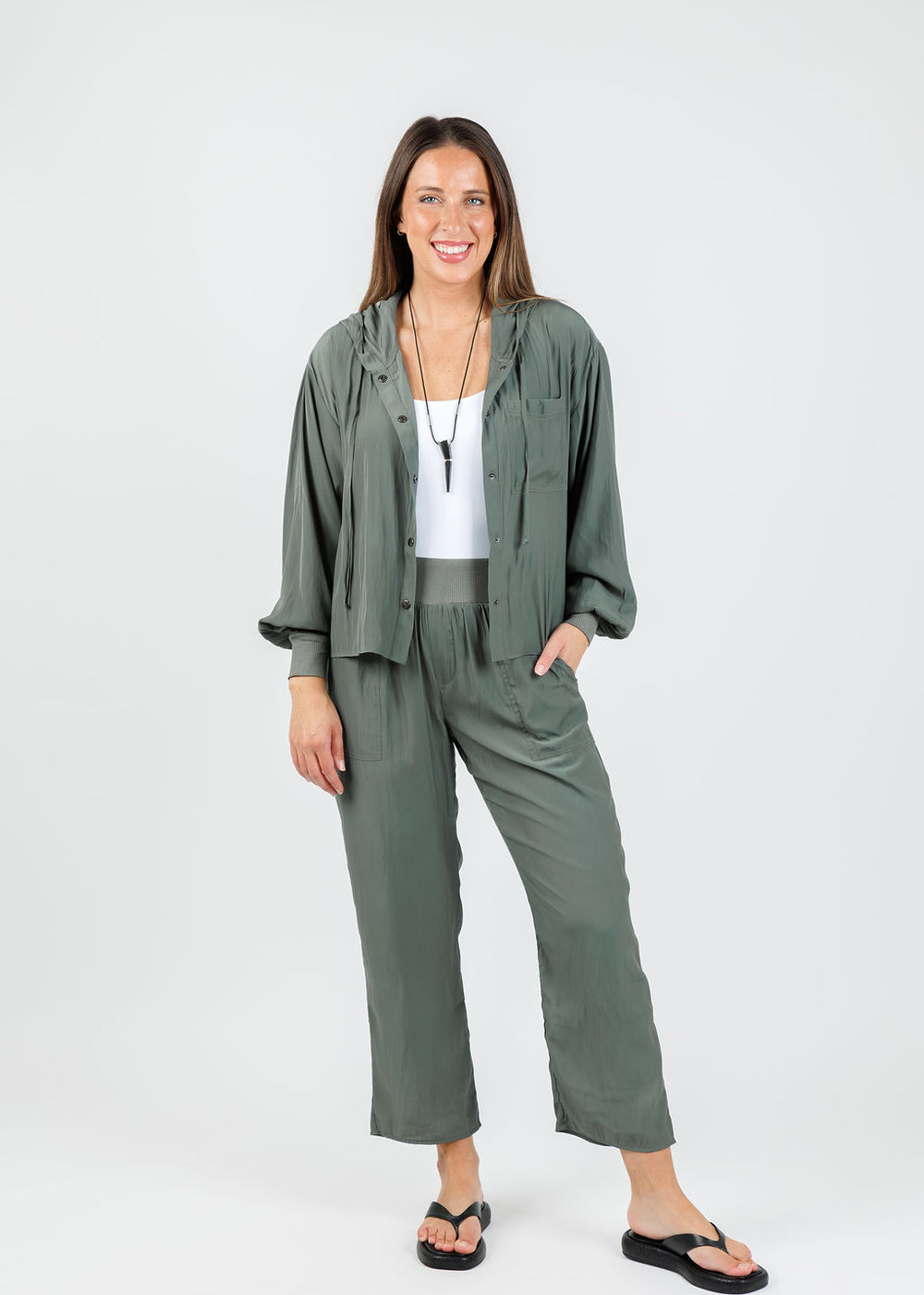 Lola & Sophie Astrid Hoodie Jacket With Pocket in Olivey paired with matching Lola & Sophie D Satin Crop Joggers available at Barbara Katz