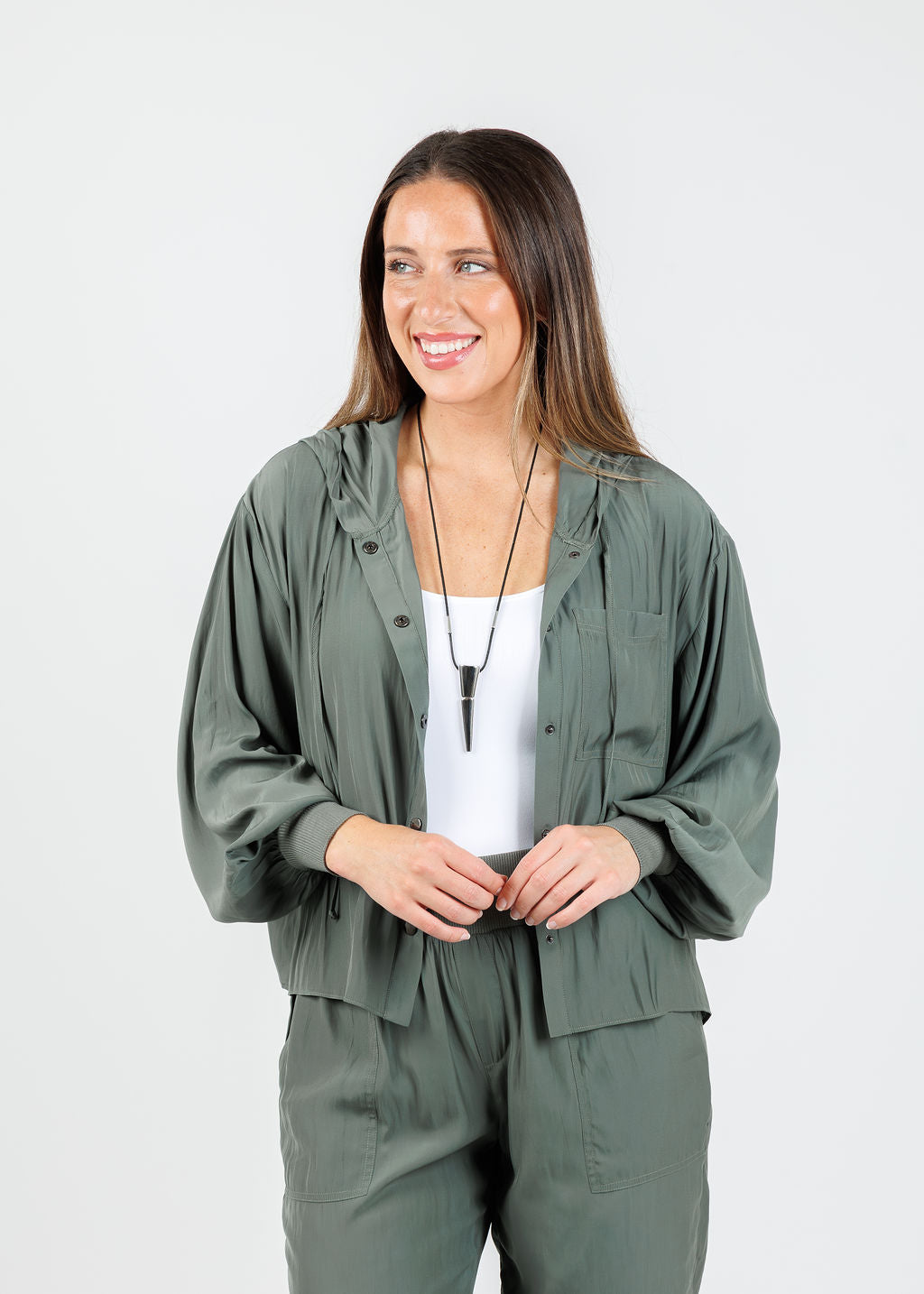 Lola & Sophie Astrid Hoodie Jacket With Pocket in Olivey available at Barbara Katz