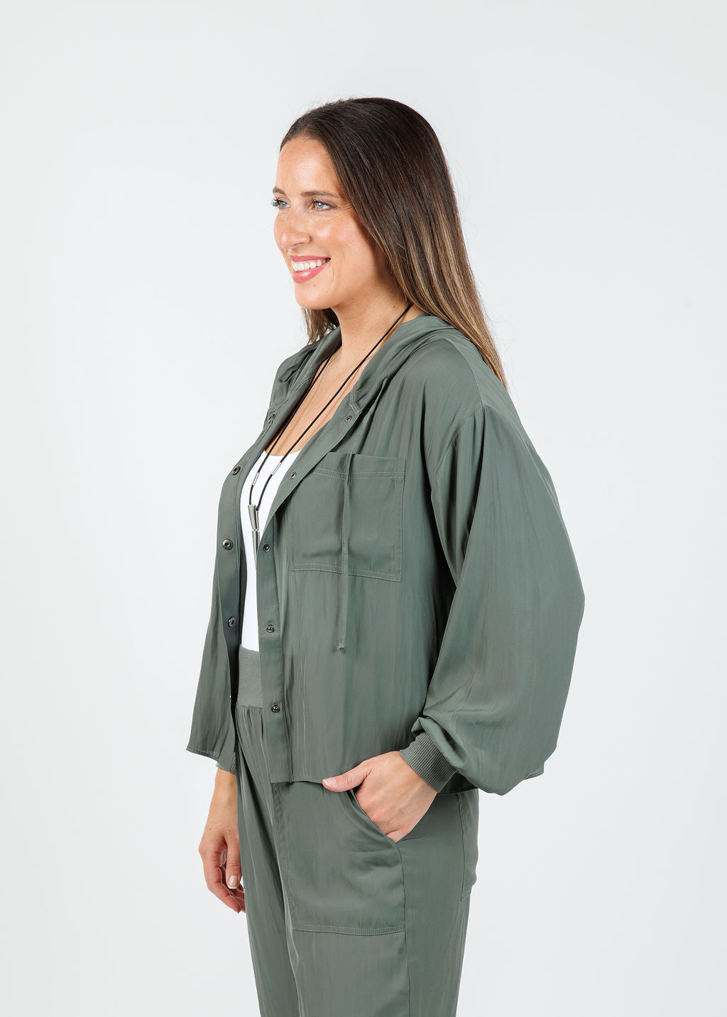 Lola & Sophie Astrid Hoodie Jacket With Pocket in Olivey available at Barbara Katz
