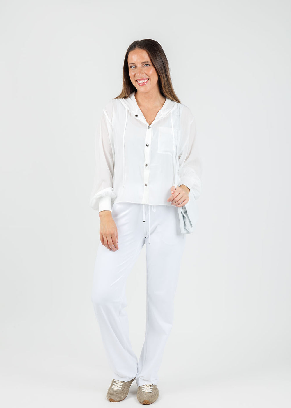 Lola & Sophie Astrid Hoodie Jacket With Pocket in White paired with Raffaello Rossi Candice Straight Pants in White available at Barbara Katz