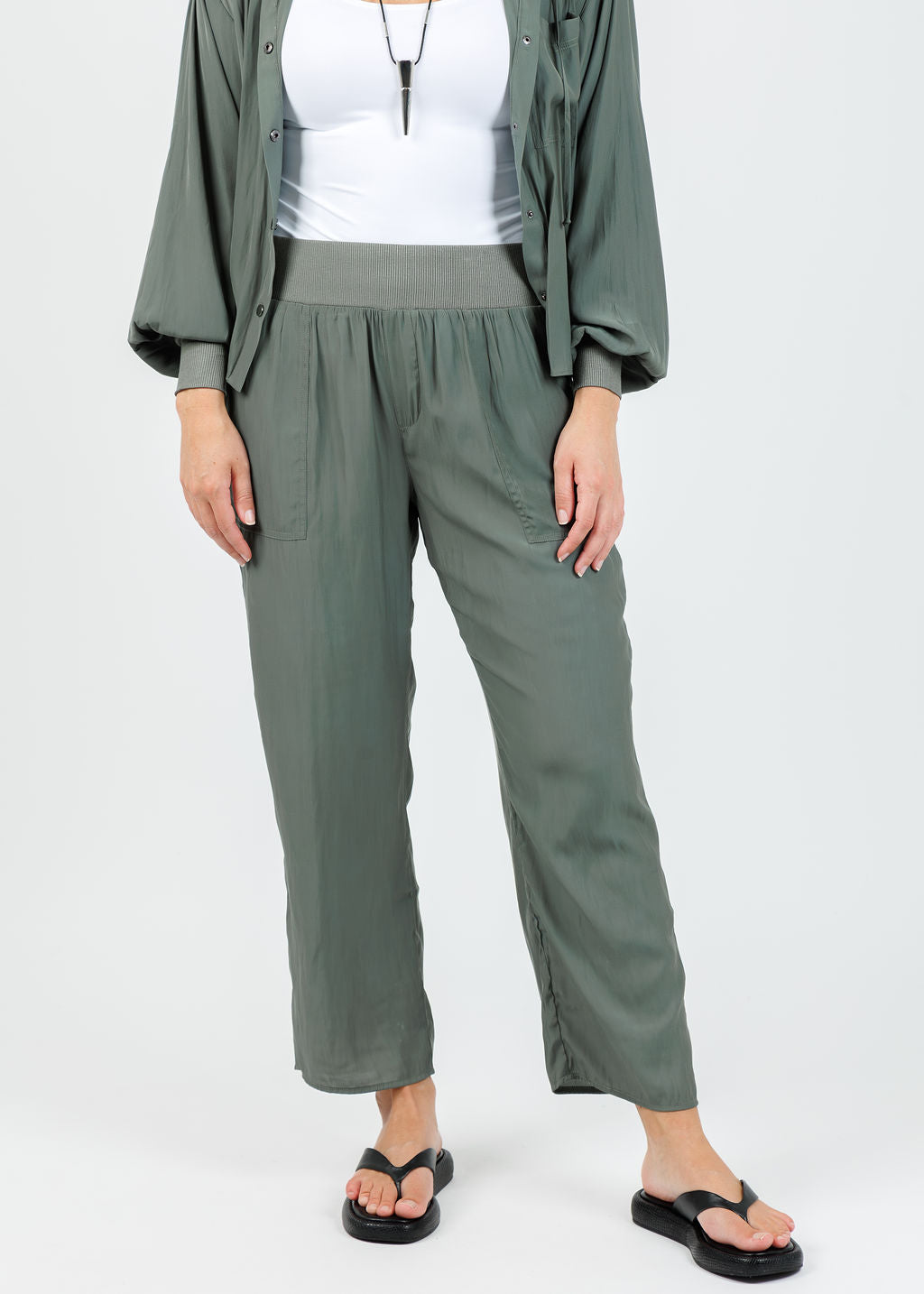 Lola & Sophie D Satin Crop Pants in Olivey available at Barbara Katz