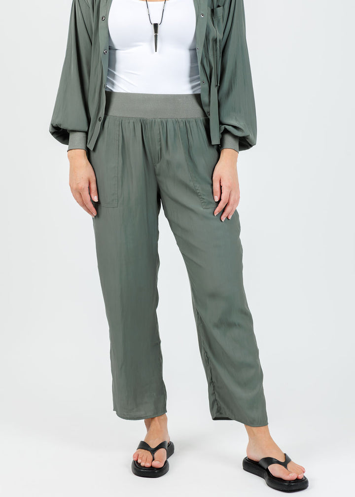 Lola & Sophie D Satin Crop Pants in Olivey available at Barbara Katz