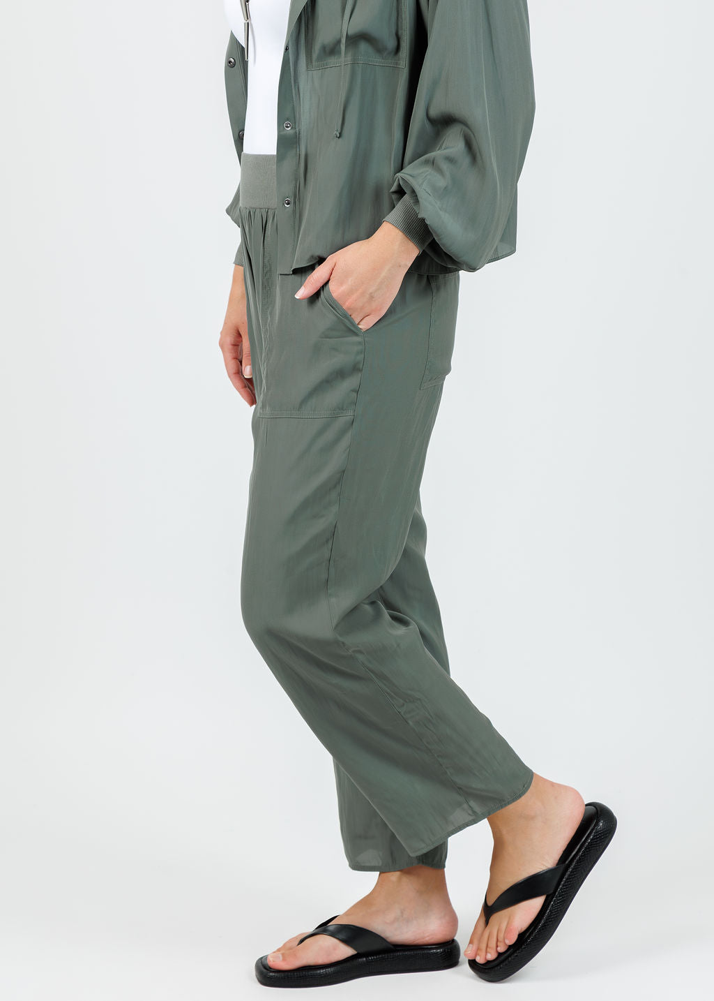 Lola & Sophie D Satin Crop Pants in Olivey available at Barbara Katz