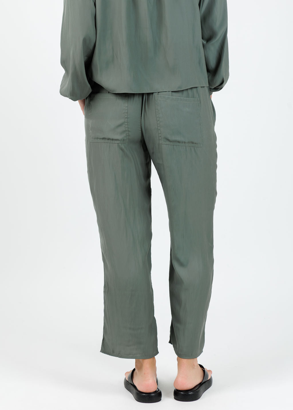 Lola & Sophie D Satin Crop Pants in Olivey available at Barbara Katz