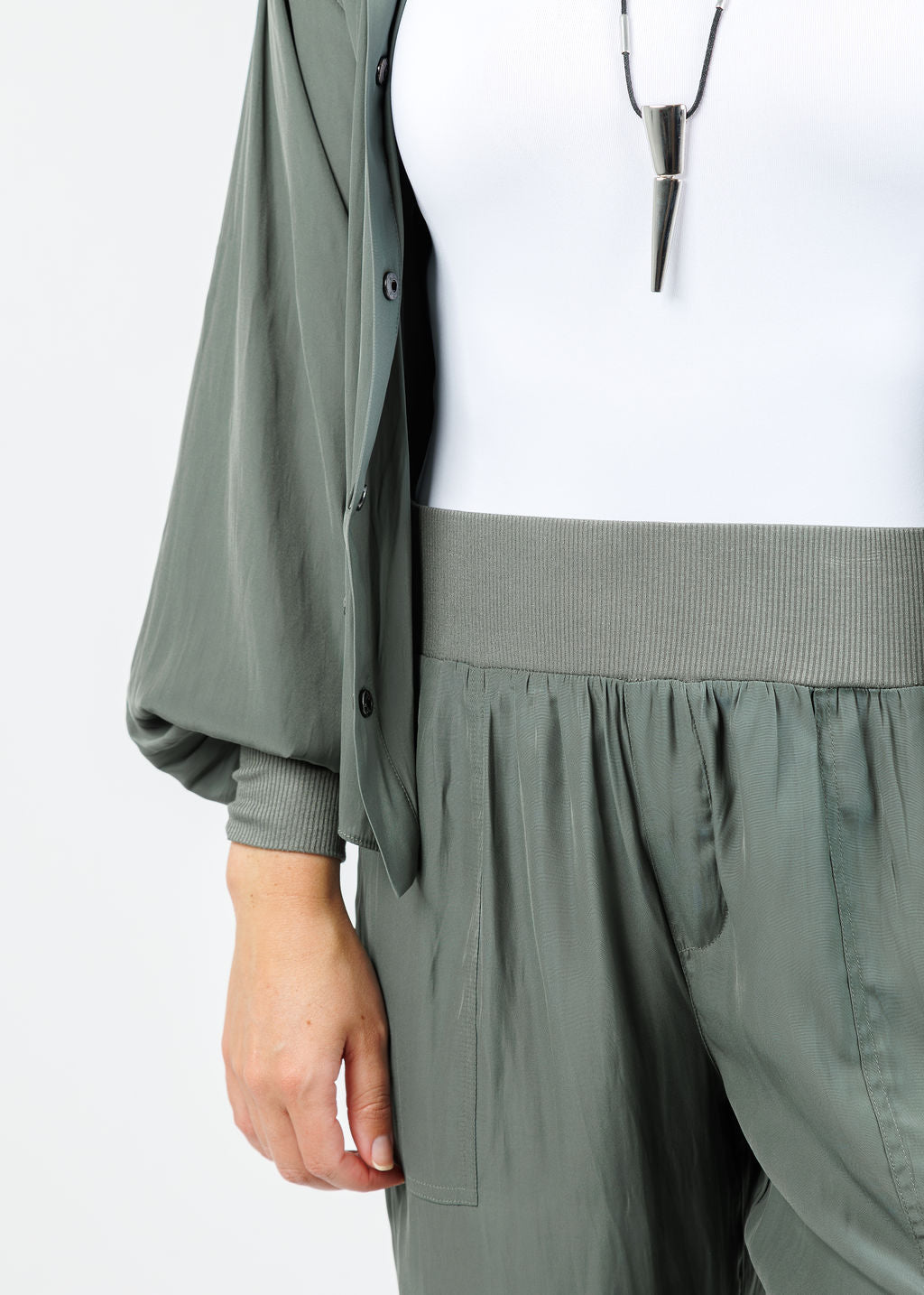 Lola & Sophie D Satin Crop Pants in Olivey available at Barbara Katz