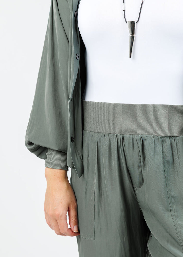 Lola & Sophie D Satin Crop Pants in Olivey available at Barbara Katz
