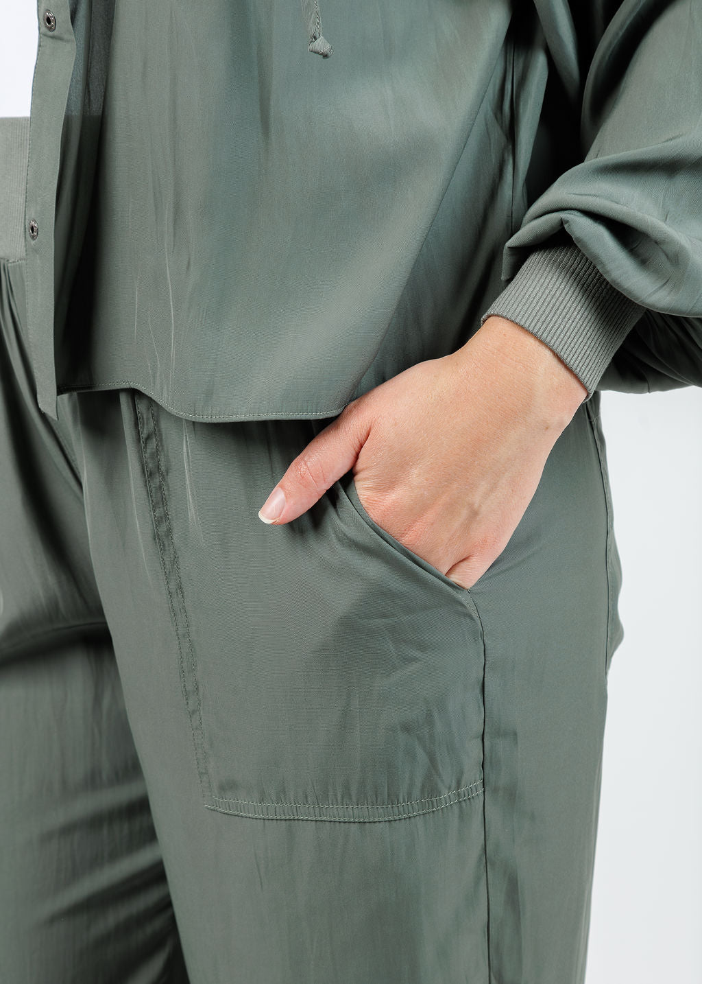 Lola & Sophie D Satin Crop Pants in Olivey available at Barbara Katz