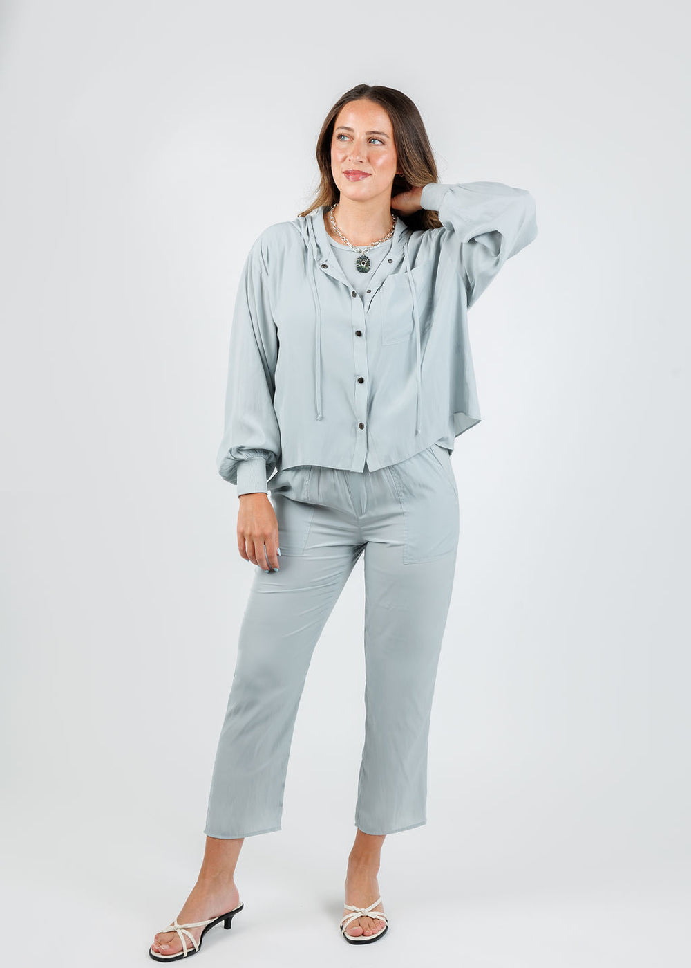Lola & Sophie Astrid Hoodie Jacket With Pocket in Mineral paired with matching D Satin Crop Pants available at Barbara Katz