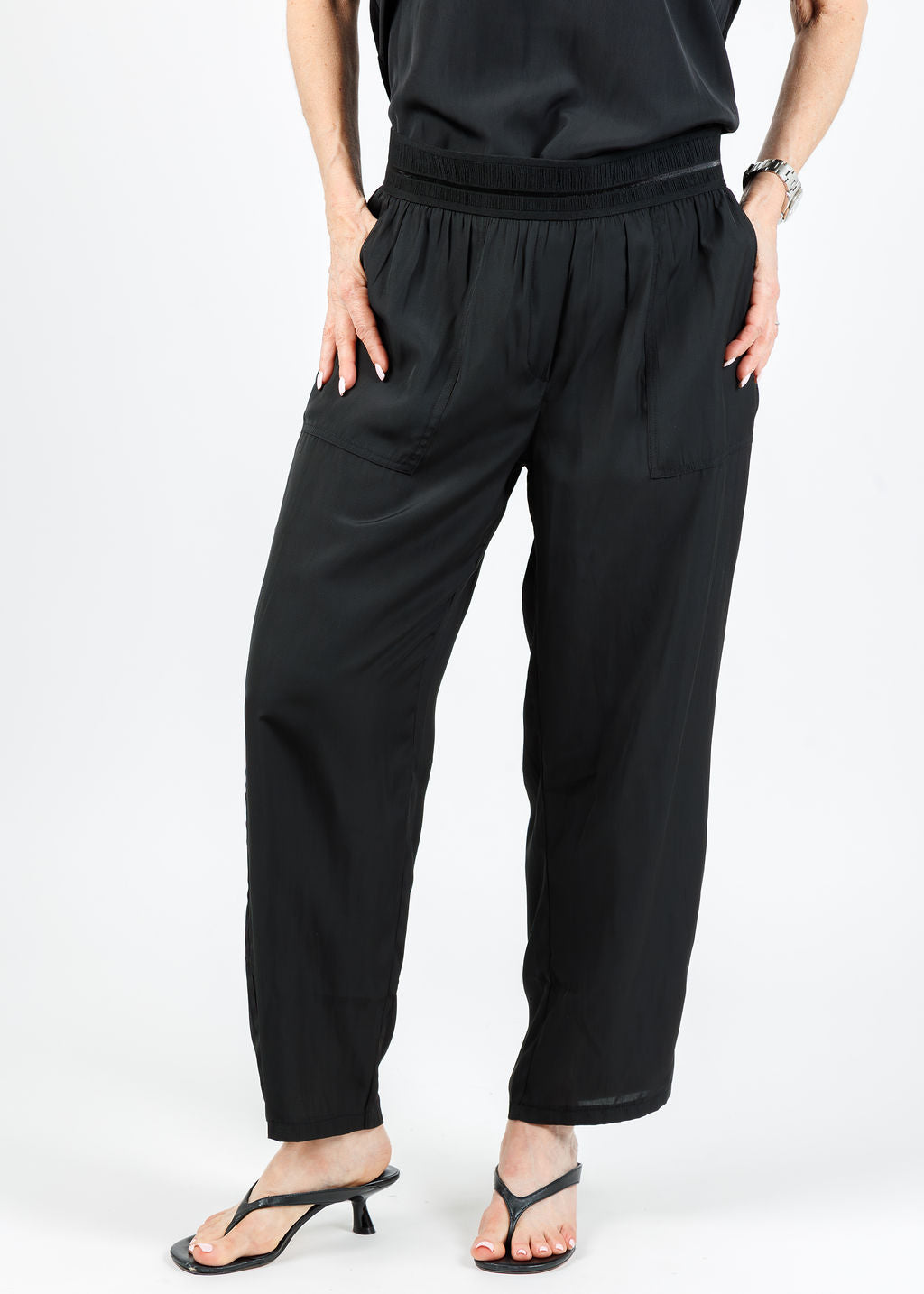 Lola & Sophie D-Satin Cropped Jogger in Black available at Barbara Katz