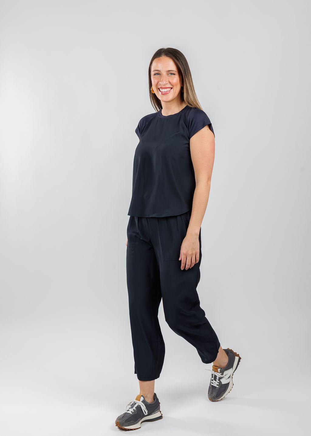 Lola & Sophie Alondra Cap Sleeve Tee in Nightwatch paired with matching Lola & Sophie D-Satin Cropped Jogger in Nightwatch available at Barbara Katz