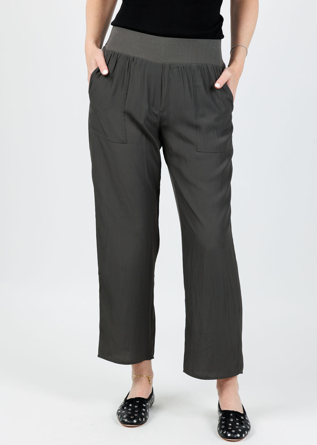 Lola & Sophie D Satin Crop Pants in Dark Olive available at Barbara Katz
