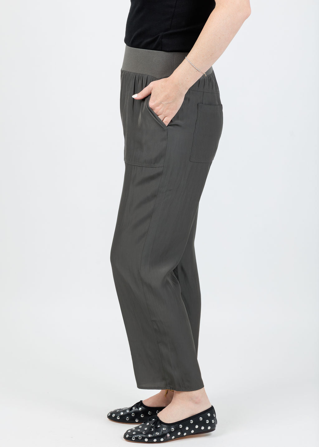 Lola & Sophie D Satin Crop Pants in Dark Olive available at Barbara Katz