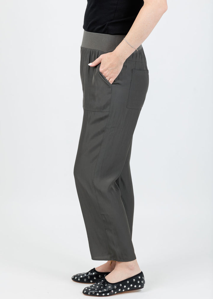 Lola & Sophie D Satin Crop Pants in Dark Olive available at Barbara Katz