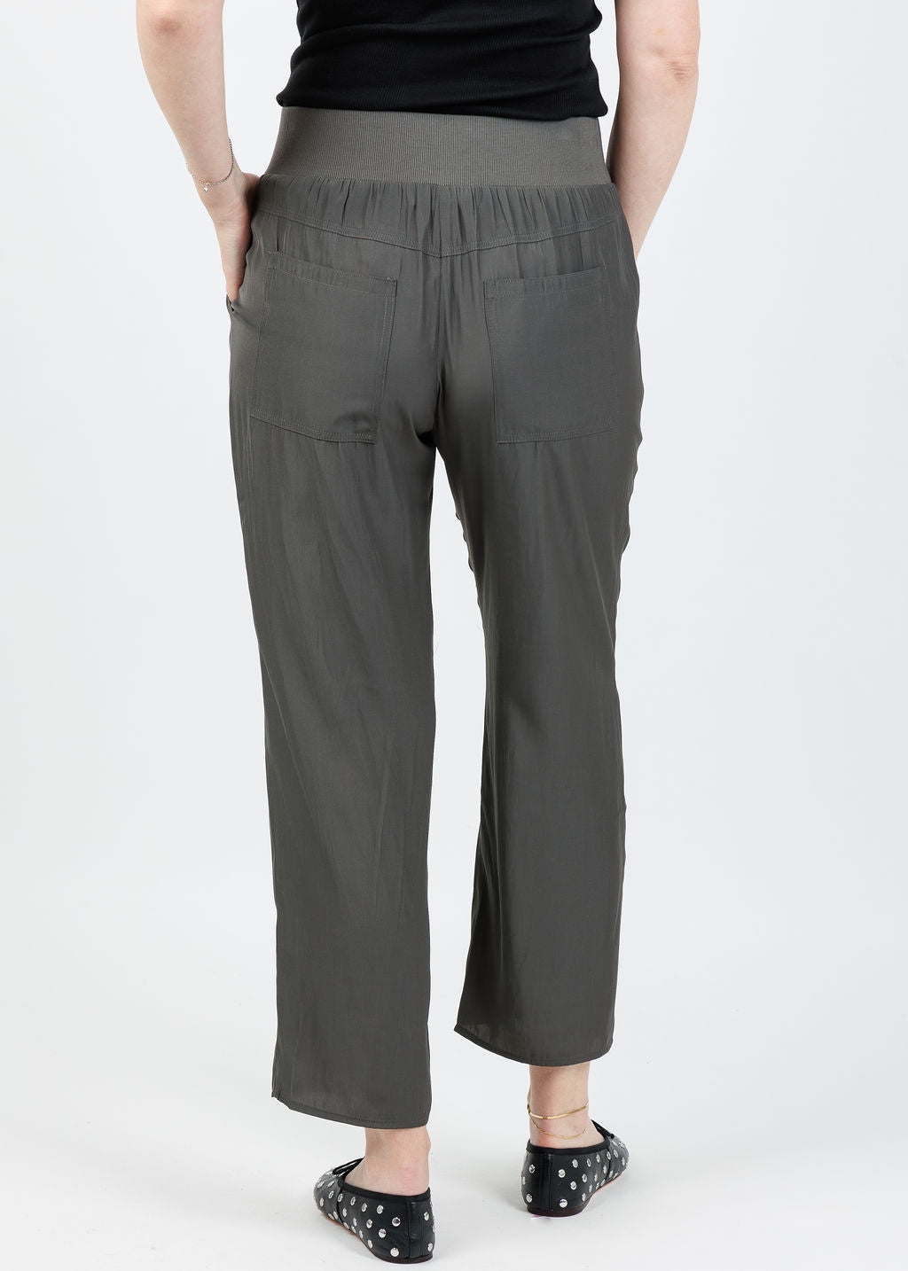 Lola & Sophie D Satin Crop Pants in Dark Olive available at Barbara Katz