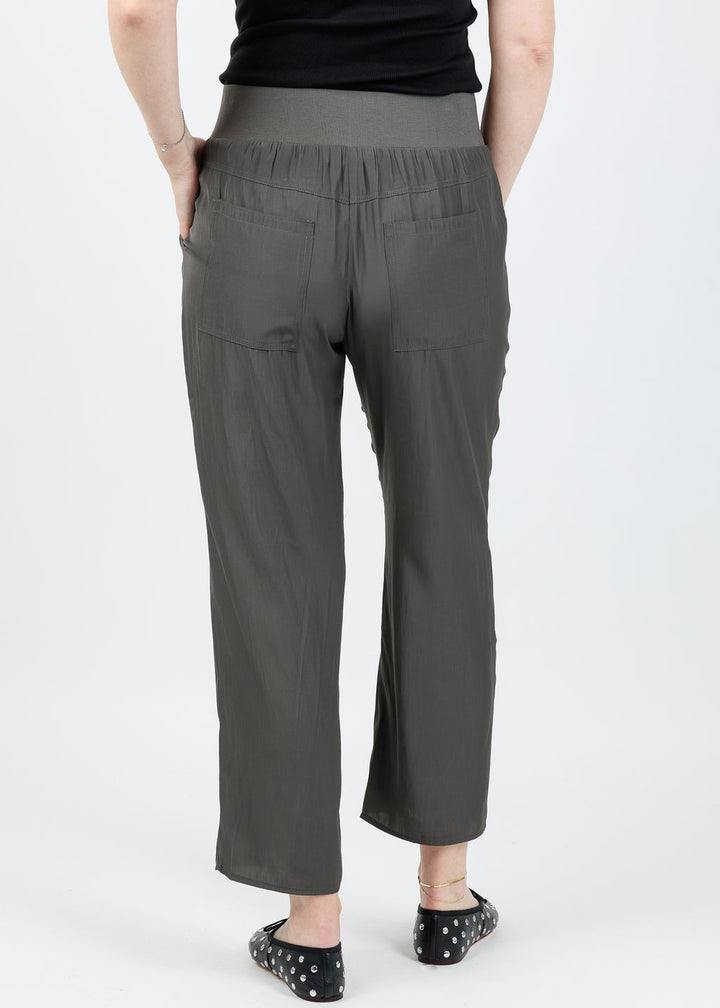 Lola & Sophie D Satin Crop Pants in Dark Olive available at Barbara Katz